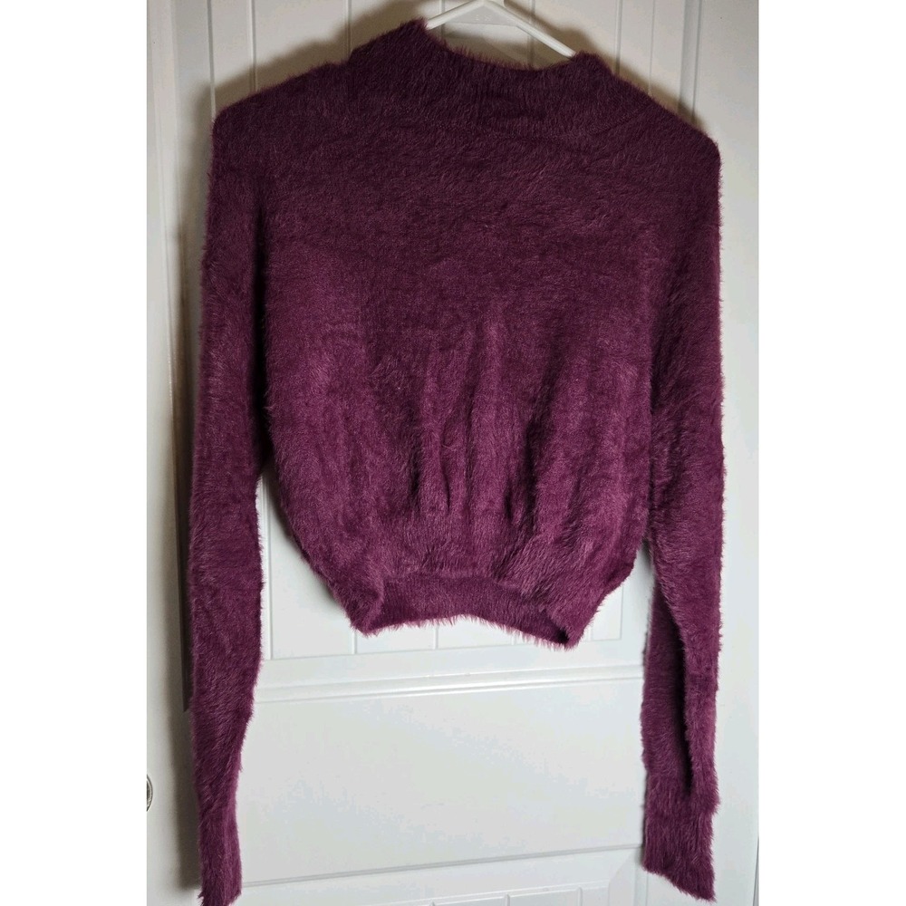 KNIT SHAGGY FUZZY WOMENS PULLOVER Cropped SWEATER MAGENTA Super Soft SZ S Mock